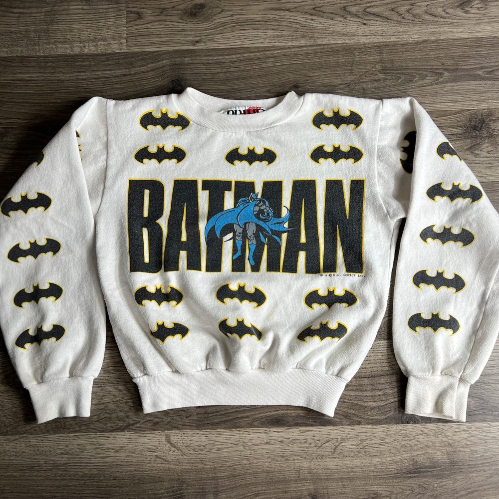 VTG Batman Sweatshirt Boys Medium AOP Logo 1980s‎ DC Comics Primo Tag Bat Logo